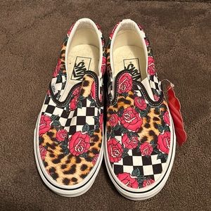 Floral and cheetah slip on vans NWT